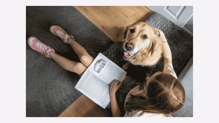 Golden lab sat next to little girl reading a book