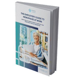 Front cover of the employer's guide to menopause at work shows guide details and a lady pictured smiling in a work environment
